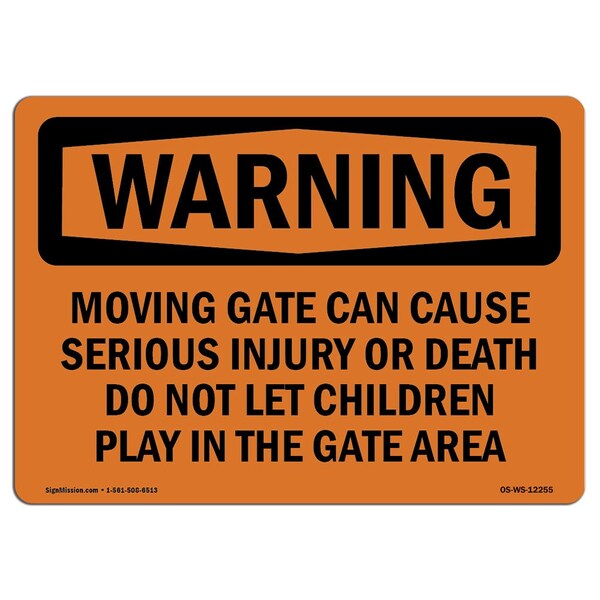 Safety Sign, OSHA WARNING, 18" Height, Aluminum, Moving Gate Can Cause Serious Injury Or, Landscape